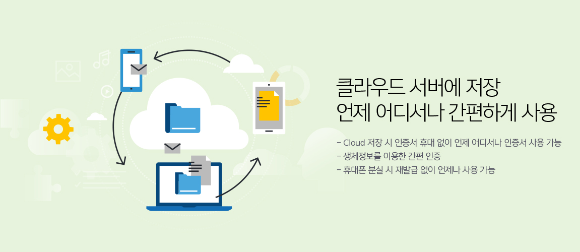 클라우드 서버에 저장 언제 어디서나 간편하게 사용 - Cloud 저장 시 인증서 휴대 없이 언제 어디서나 인증서 사용가능 - 생체정보를 이용한 간편 인증 - 휴대폰 분실 시 재발급 없이 언제나 사용 가능